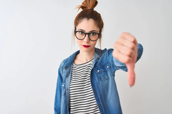 Redhead Woman Wearing Striped Shirt Denim Shirt Glasses Isolated White — Stockfoto