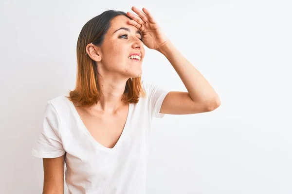 Beautiful Redhead Woman Wearing Casual White Shirt Isolated Background Very — Stock Photo, Image