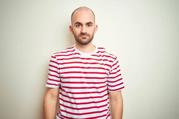 Young Bald Man Beard Wearing Casual Striped Red Shirt White — Stock Photo, Image