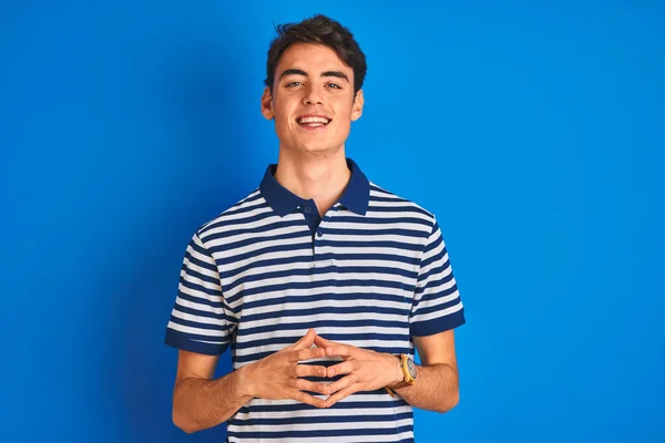 Teenie Junge Lässigem Shirt Die Hände Über Dem Blauen Hintergrund — Stockfoto