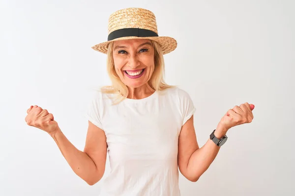 Middle Age Woman Wearing Casual Shirt Hat Standing Isolated White — Stock Photo, Image