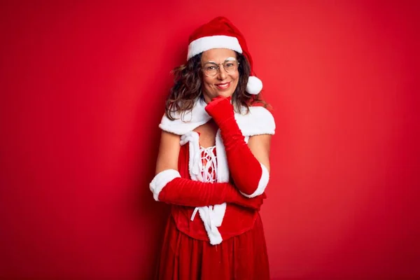 Mulher Bonita Meia Idade Vestindo Traje Papai Noel Sobre Fundo — Fotografia de Stock