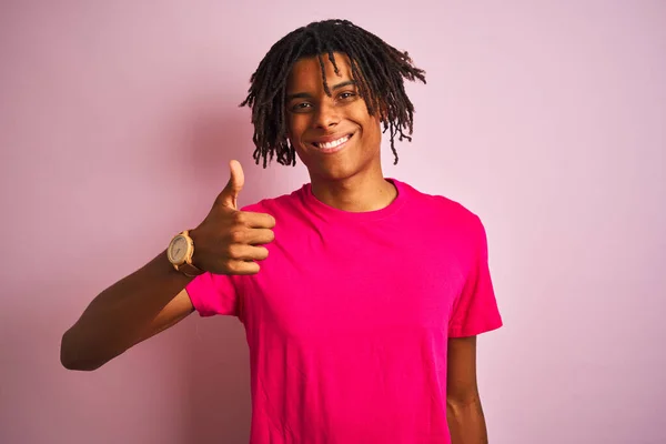 Afro American Man Dreadlocks Wearing Shirt Standing Isolated Pink Background — Stock Photo, Image