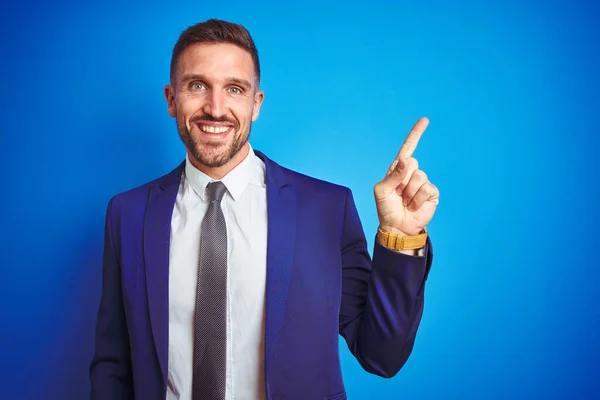 Young Handsome Business Man Blue Isolated Background Big Smile Face — Stock Photo, Image