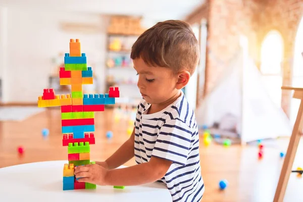 Beautiful Toddler Boy Playing Construction Blocks Kindergarten — Stock Photo, Image