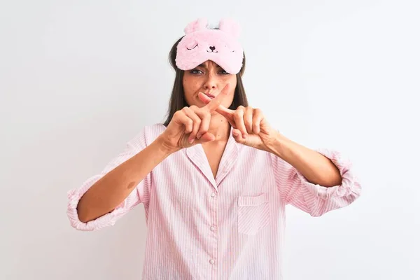 Young Beautiful Woman Wearing Sleep Mask Pajama Isolated White Background — Stock Photo, Image