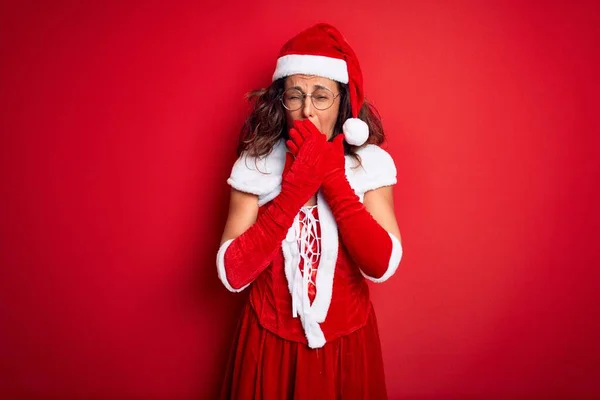 Mulher Bonita Meia Idade Vestindo Traje Papai Noel Sobre Fundo — Fotografia de Stock