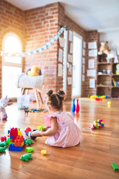 Young Beautiful Toddler Sitting Floor Playing Building Blocks Kindergaten — Stock Photo, Image