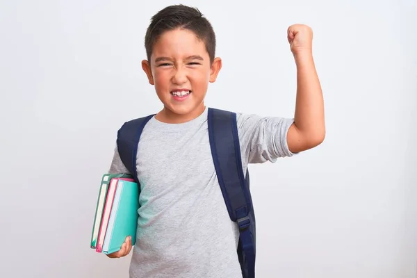 Hermoso Niño Estudiante Con Mochila Sosteniendo Libros Sobre Fondo Blanco —  Fotos de Stock