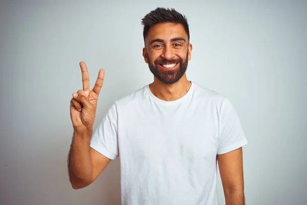 Young Indian Man Wearing Shirt Standing Isolated White Background Showing — Stock Photo, Image
