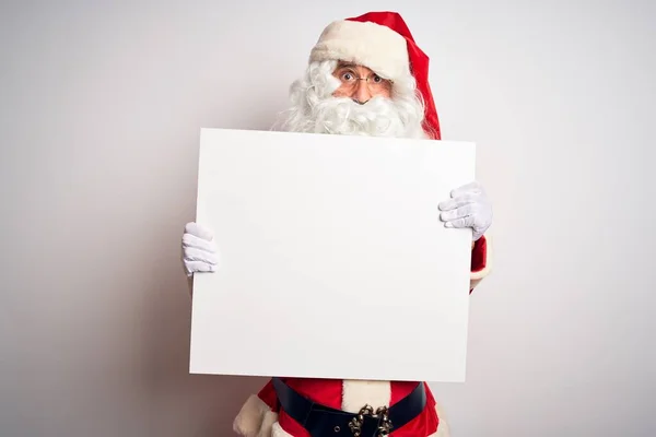 Middle Age Man Wearing Santa Claus Costume Holding Banner Isolated Stock Picture