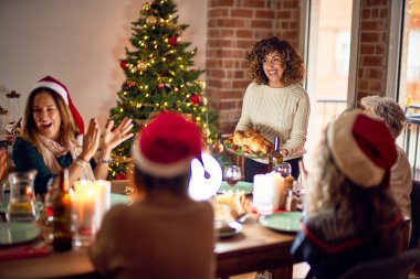 Mutlu ve kendinden emin gülümseyen güzel bir kadın grubu. Kızarmış hindiyi evde Noel 'i kutlarken gösteriyor.