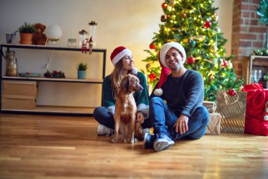 Mutlu ve kendinden emin gülümseyen genç bir çift. Yerde oturmuş Noel Baba şapkası takıyor Noel ağacının etrafında köpeğe sarılıyor.