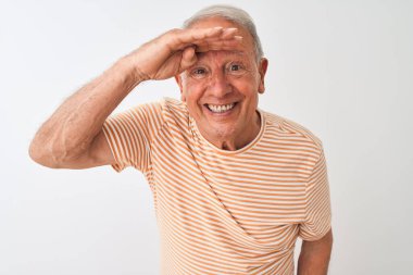 İzole edilmiş beyaz arka planda duran çizgili tişört giyen yaşlı gri saçlı adam çok mutlu ve tebessüm ediyor. Konsept aranıyor.