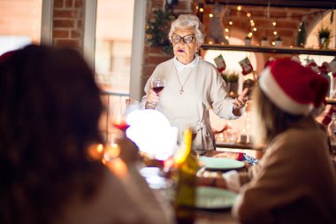 Mutlu ve kendinden emin gülümseyen güzel bir kadın grubu. Her birinin elinde şarap bardağıyla evde Noel 'i kutlayan konuşmaları var.