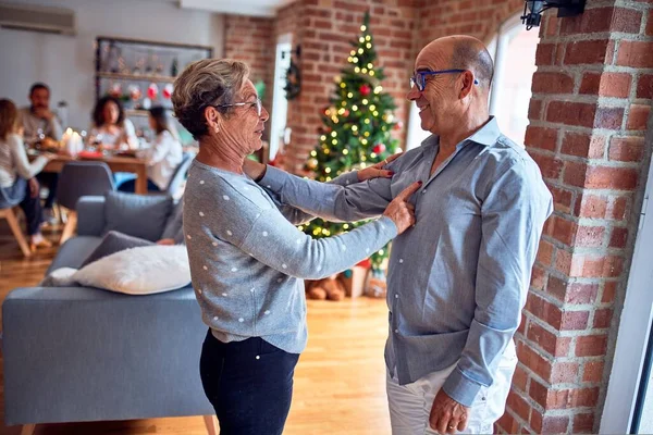 Family and friends dining at home celebrating christmas eve with traditional food and decoration, romantic senior couple talking together happy and casual