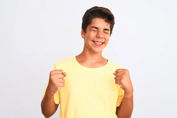 Menino Adolescente Bonito Sobre Fundo Isolado Branco Muito Feliz Animado — Fotografia de Stock