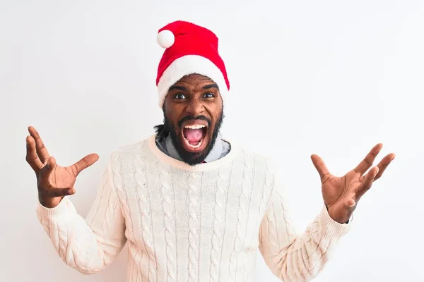 Jovem Afro Americano Vestindo Chapéu Natal Santa Sobre Fundo Branco — Fotografia de Stock