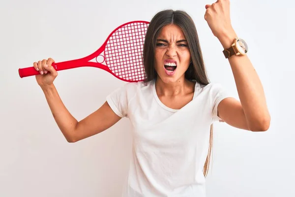 Hermosa Deportista Jugando Tenis Usando Raqueta Pie Sobre Fondo Blanco —  Fotos de Stock