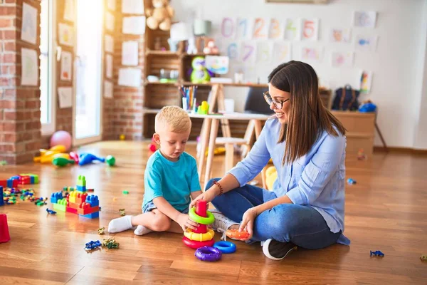 Young Caucasian Child Playing Playschool Teacher Mother Son Playroom Intelligence — Stock Photo, Image