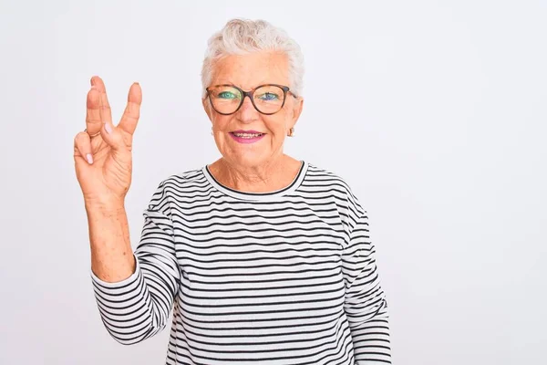 Senior Mulher Cabelos Grisalhos Vestindo Listrado Marinho Shirt Óculos Sobre — Fotografia de Stock