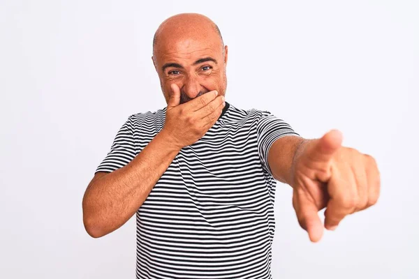 Hombre Guapo Mediana Edad Vistiendo Una Camiseta Azul Marino Rayas — Foto de Stock