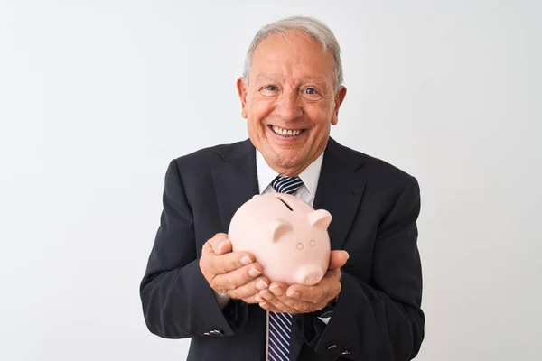 Senior Grey Haired Businessman Holding Piggy Bank Standing Isolated White — Stock Photo, Image