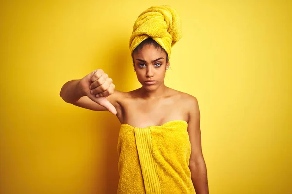 Young African American Woman Wearing Towel Shower Isolated Yellow Background — Stock Photo, Image
