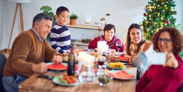 Beautiful Family Smiling Happy Confident Eating Roasted Turkey Make Selfie — Stock Photo, Image