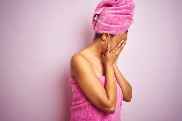 African American Woman Wearing Shower Towel Bath Pink Isolated Background Royalty Free Stock Images