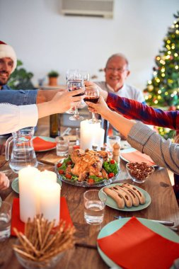 Güzel bir aile Noel Baba şapkası takıyor ve mutlu ve kendinden emin gülümsüyor. Kızarmış hindi yemek evde Noel 'i kutlamak için bir bardak şarapla kadeh kaldırmak.