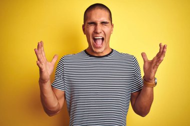 Sarı izole edilmiş arka plan üzerine çizgili tişört giyen genç yakışıklı adam kollarını kaldırmış ve gözleri kapalı heyecanla haykırarak başarının çılgınlığını kutluyor. Kazanan konsept