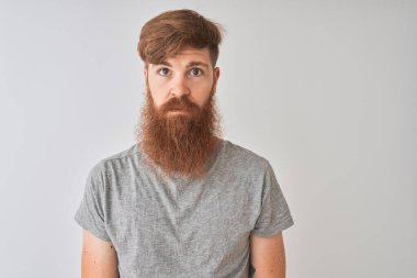 Genç, kızıl saçlı, tişörtlü bir adam izole edilmiş gri arka planda duruyor ve yüzünde ciddi bir ifade var. Basit ve doğal bir şekilde kameraya bakıyorsun..
