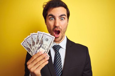 İzole sarı arka plan üzerinde dolar tutan takım elbise giyen genç yakışıklı işadamı sürpriz bir yüz ile şok korkmuş, korku ve korku ifade ile heyecanlı