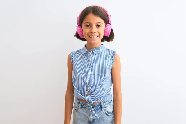 Bella Bambina Che Ascolta Musica Utilizzando Cuffie Sfondo Bianco Isolato — Foto Stock