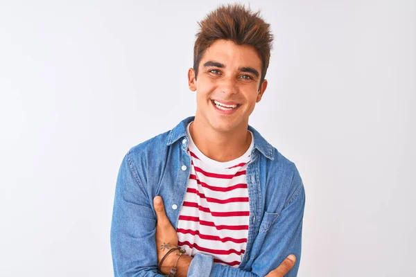 Joven Hombre Guapo Con Camiseta Rayas Camisa Mezclilla Sobre Fondo —  Fotos de Stock