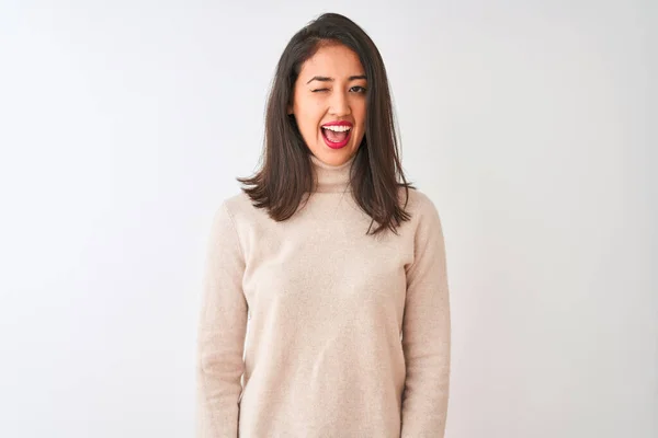 Beautiful Chinese Woman Wearing Turtleneck Sweater Standing Isolated White Background — Stock Photo, Image