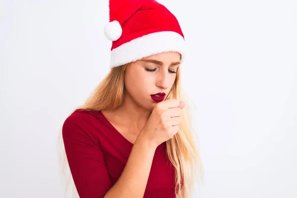 Молодая Красивая Женщина Рождественской Шляпе Санты Изолированном Белом Фоне Чувствует — стоковое фото