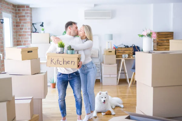 Junges Schönes Paar Mit Hund Zieht Kartons Neuen Zuhause — Stockfoto