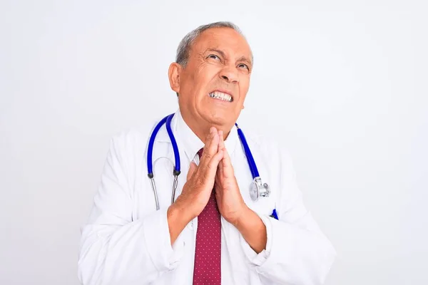 Senior Grey Haired Doctor Man Wearing Stethoscope Standing Isolated White — Stock Photo, Image