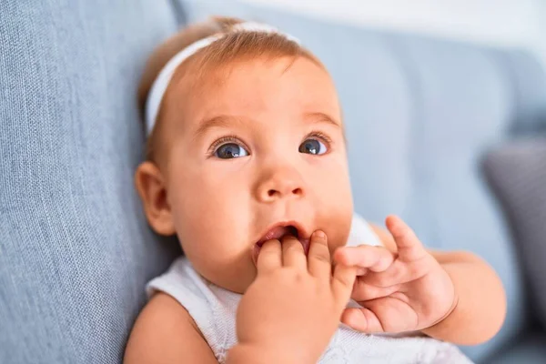 Adorable Baby Lying Sofa Home Newborn Relaxing Resting Comfortable — Stock Photo, Image