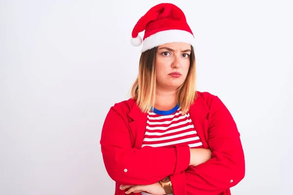 Joven Hermosa Mujer Con Sombrero Navidad Santa Sobre Fondo Blanco —  Fotos de Stock