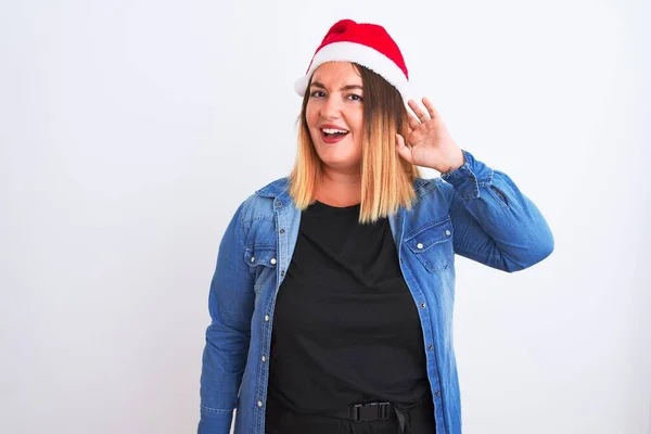 Jonge Mooie Vrouw Met Kerstmuts Geïsoleerde Witte Achtergrond Lachend Met — Stockfoto