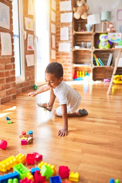 Beautiful African American Toddler Playing Wooden Blocks Train Toy Lots — Stock Photo, Image