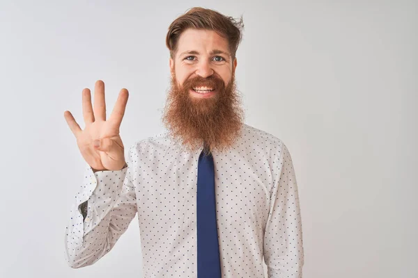 Young Redhead Irish Businessman Standing Isolated White Background Showing Pointing — Zdjęcie stockowe