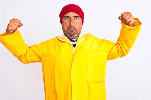 Middle Age Man Wearing Rain Coat Woolen Hat Standing Isolated — Stock Photo, Image