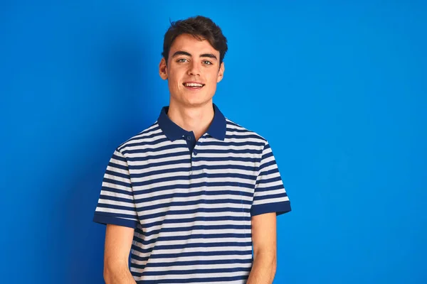 Teenager Boy Wearing Casual Shirt Standing Blue Isolated Background Looking — Stock Photo, Image