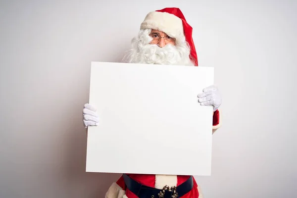 Middle Age Man Wearing Santa Claus Costume Holding Banner Isolated — Stock Photo, Image