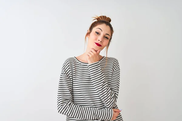 Redhead Woman Wearing Navy Striped Shirt Standing Isolated White Background — Stock Photo, Image