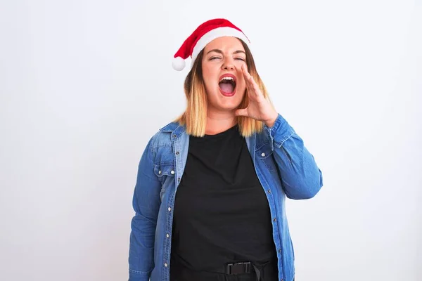 Mujer Hermosa Joven Con Sombrero Santa Navidad Pie Sobre Fondo — Foto de Stock